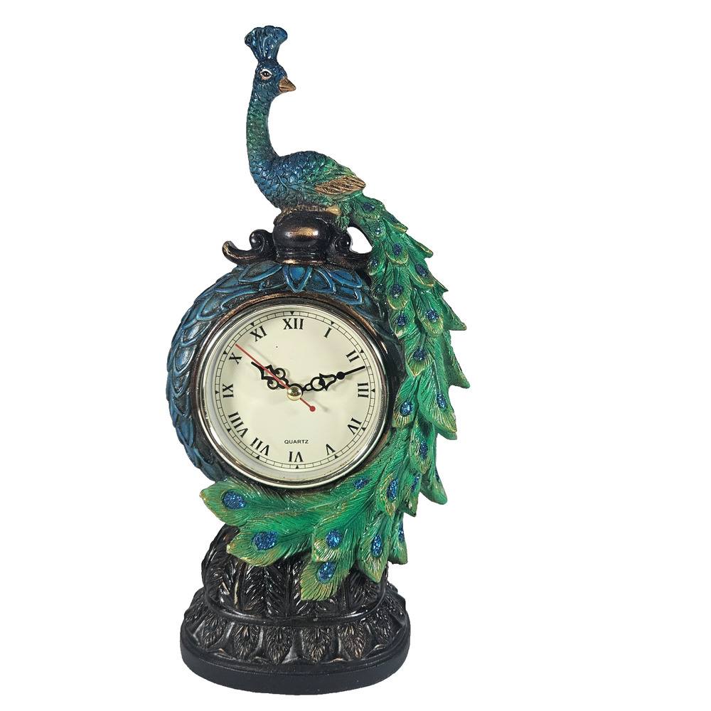 Cracker Barrel Peacock Table Clock Jeweled Resin Figurine Tested Works Ornate